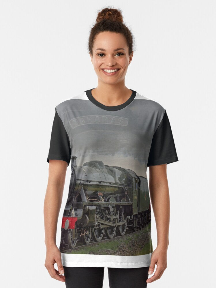 Vintage-inspired graphic tee featuring a steam train from the Bahamas railway - Women