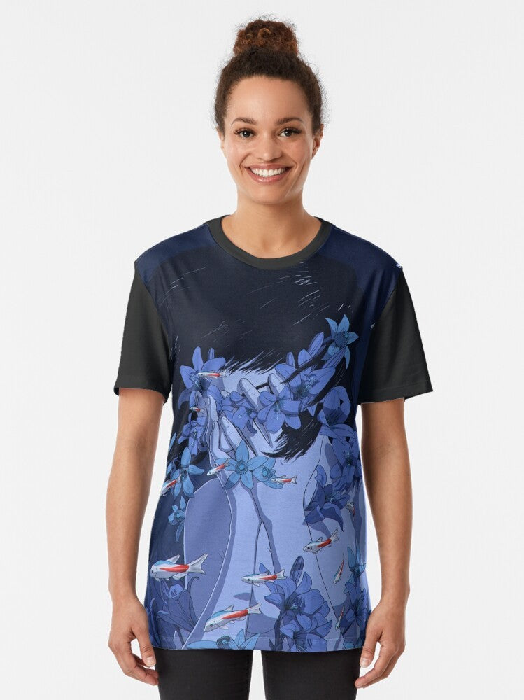 Anime t-shirt with "Perfect Blue" graphic design featuring fish, flowers, and water imagery - Women