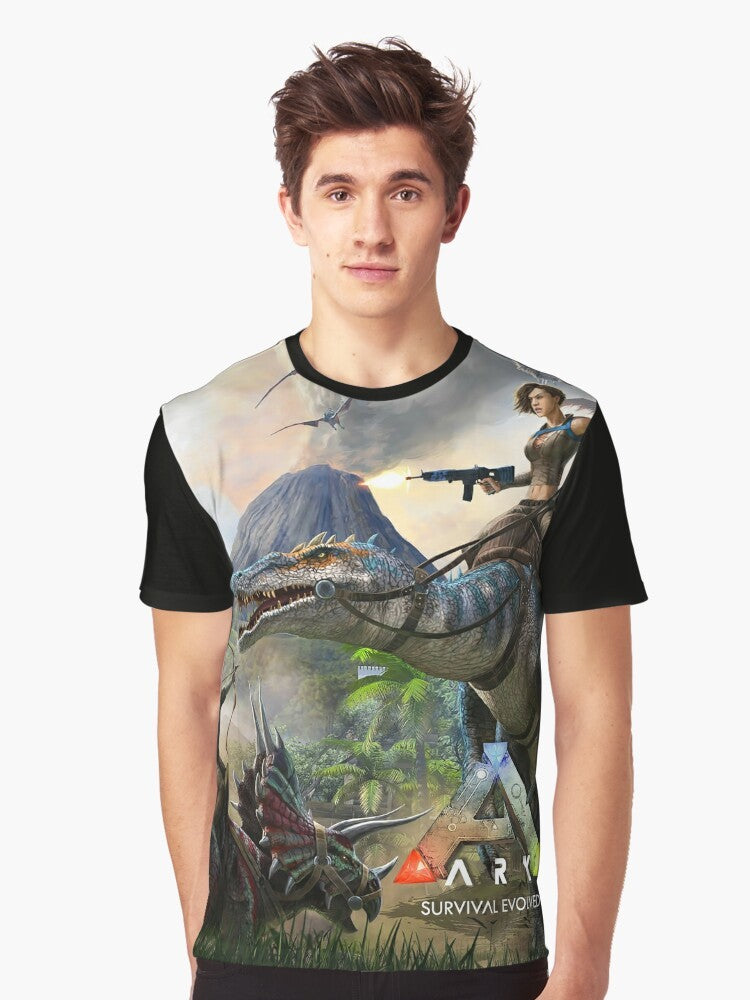 Ark Survival Evolved Dinosaur Gaming T-Shirt with graphic design featuring dinosaurs and gaming elements. - Men