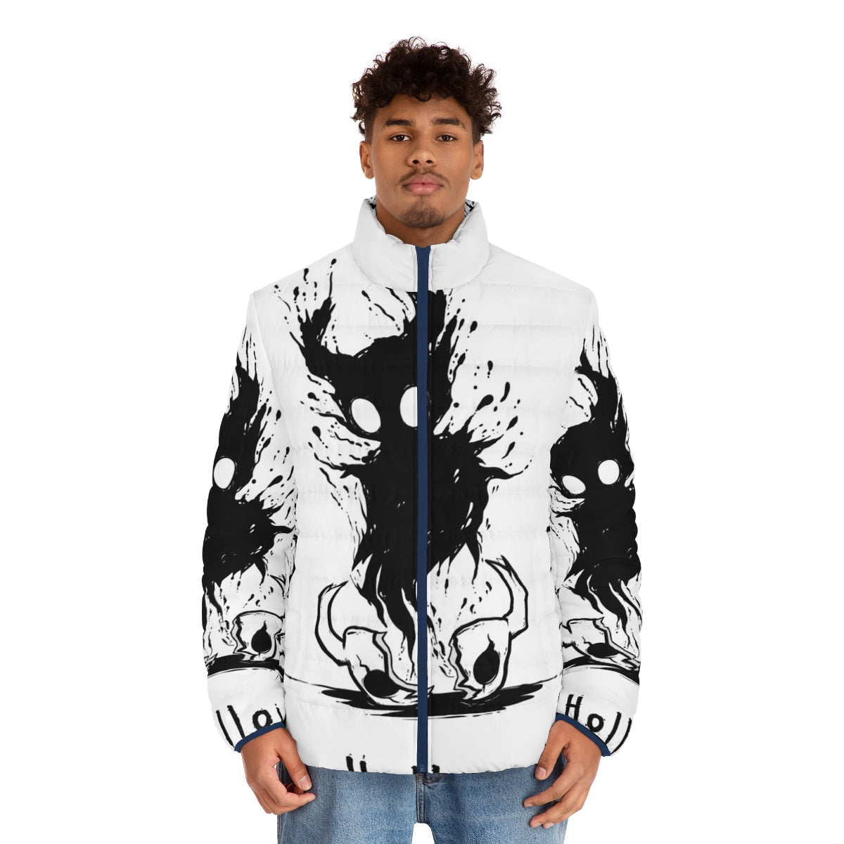 Hollow Knight inspired puffer jacket featuring the game's iconic hollow design - men front