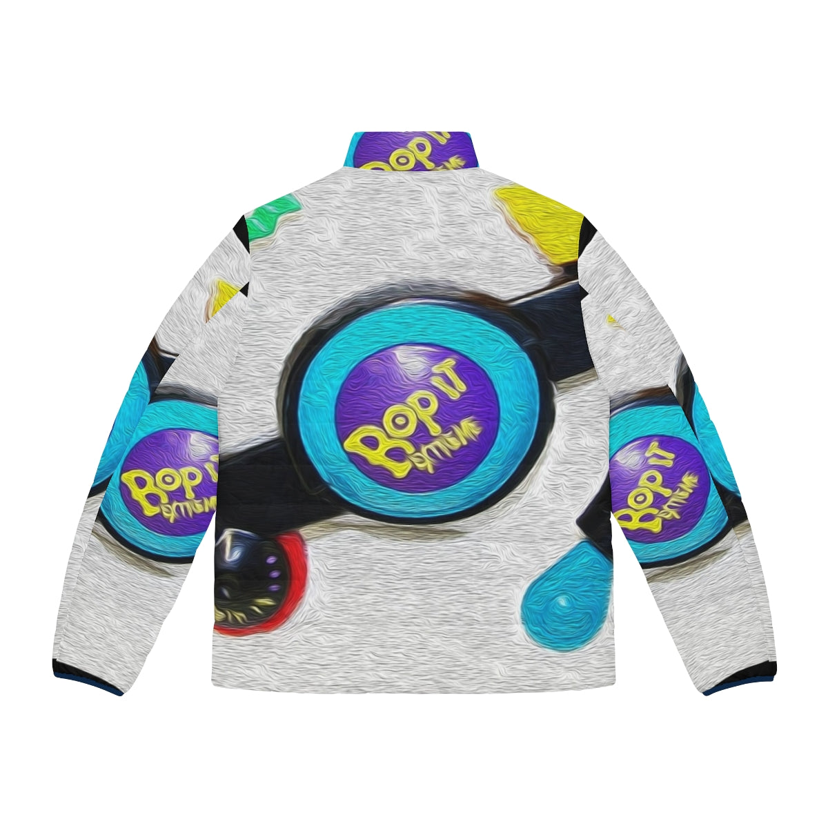 Bop It Extreme Retro Puffer Jacket in colorful design - Back