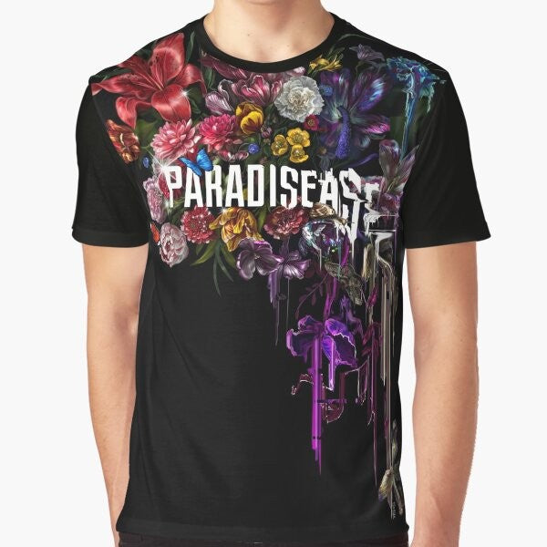 A graphic t-shirt featuring a glitched, floral paradise design with sci-fi and reality elements.