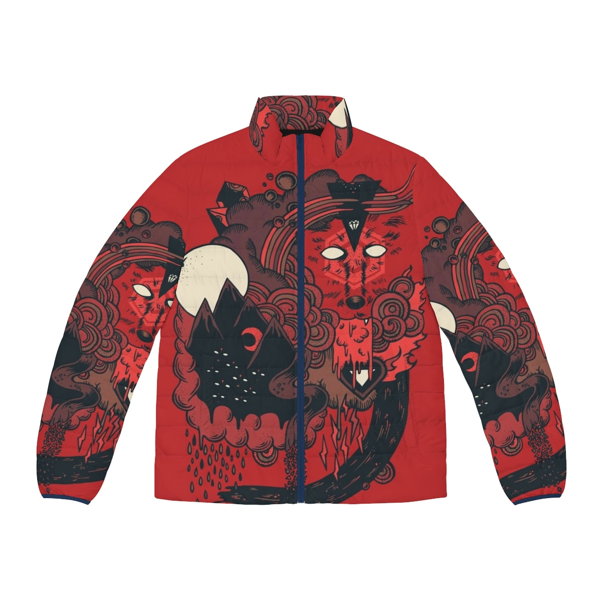 Rugged and bold puffer jacket with wolf and nature inspired design