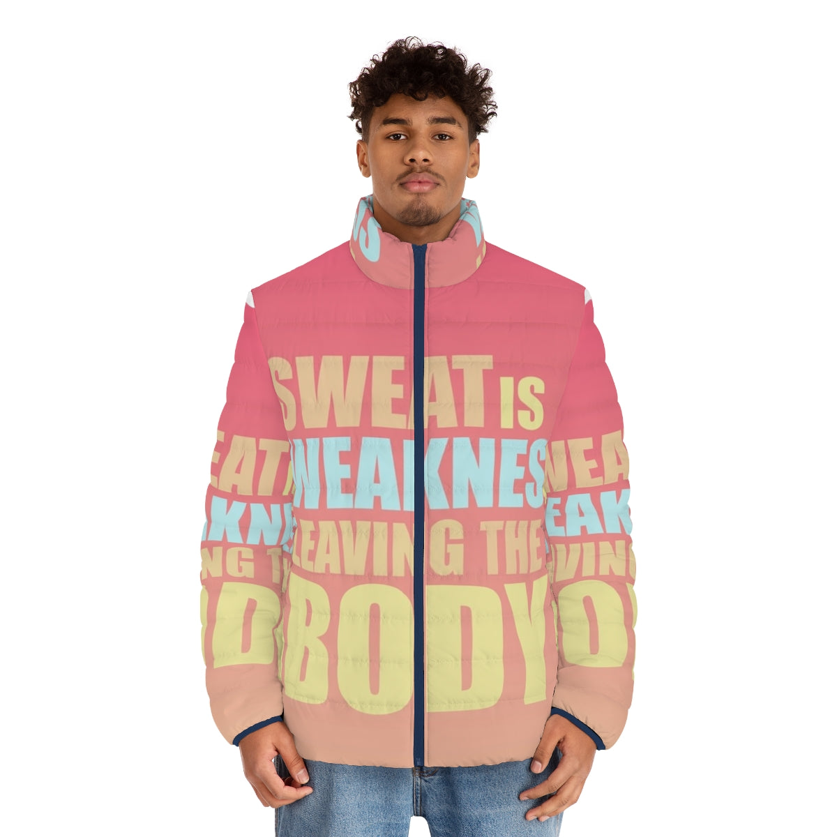 Puffer jacket with "Sweat Is Weakness Leaving The Body" motivational quote, perfect for workouts and space force fans. - men front