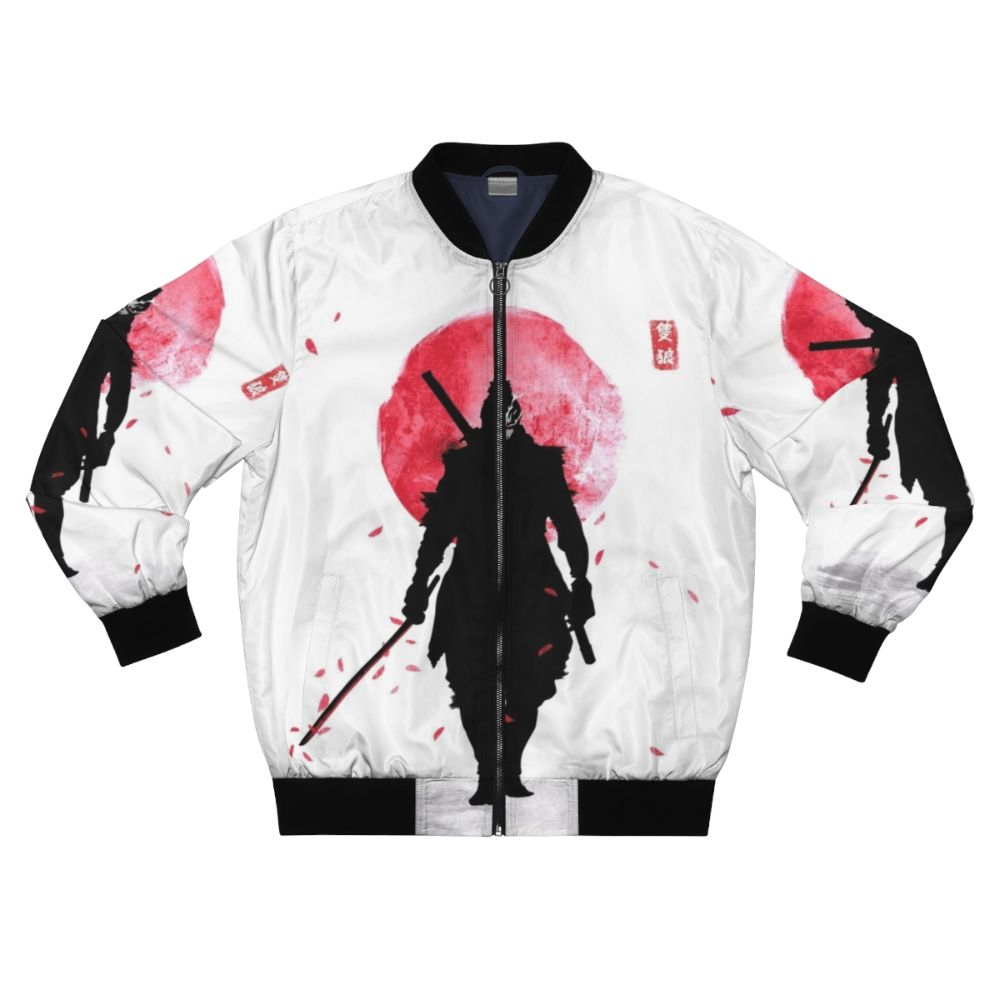 One Armed Wolf Bomber Jacket with Samurai Katana, Kanji, and Sakura Petals Design for Gamers