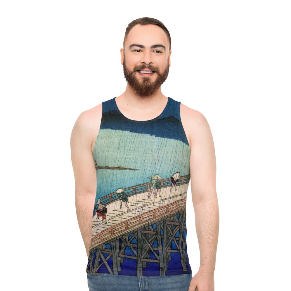 Unisex tank top featuring the Japanese ukiyo-e artwork "Sudden Shower Over Shin Ohashi Bridge" by Hiroshige - men