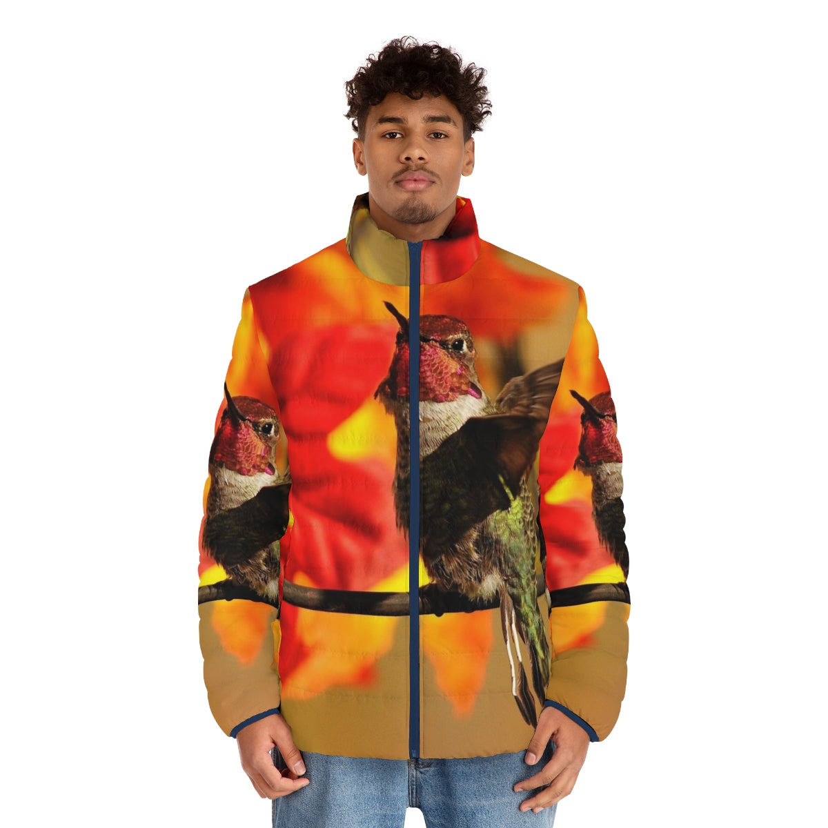 Woman wearing a puffer jacket with a hummingbird print design - men front