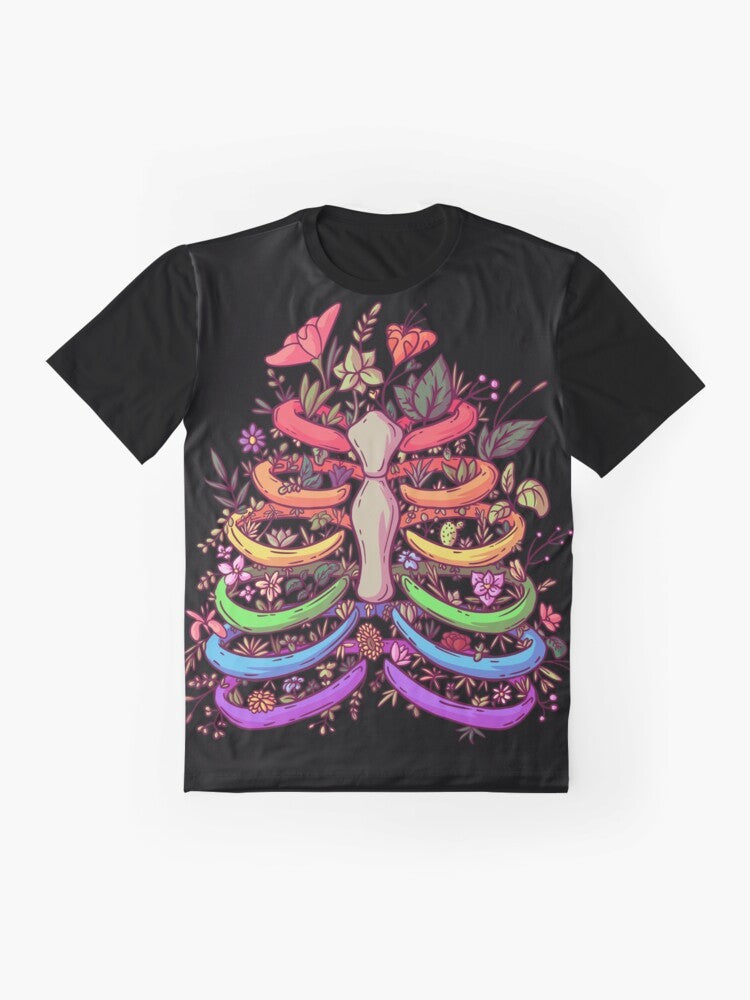 Colorful floral graphic t-shirt with the phrase "Love Wins" on a rainbow background - Flat lay