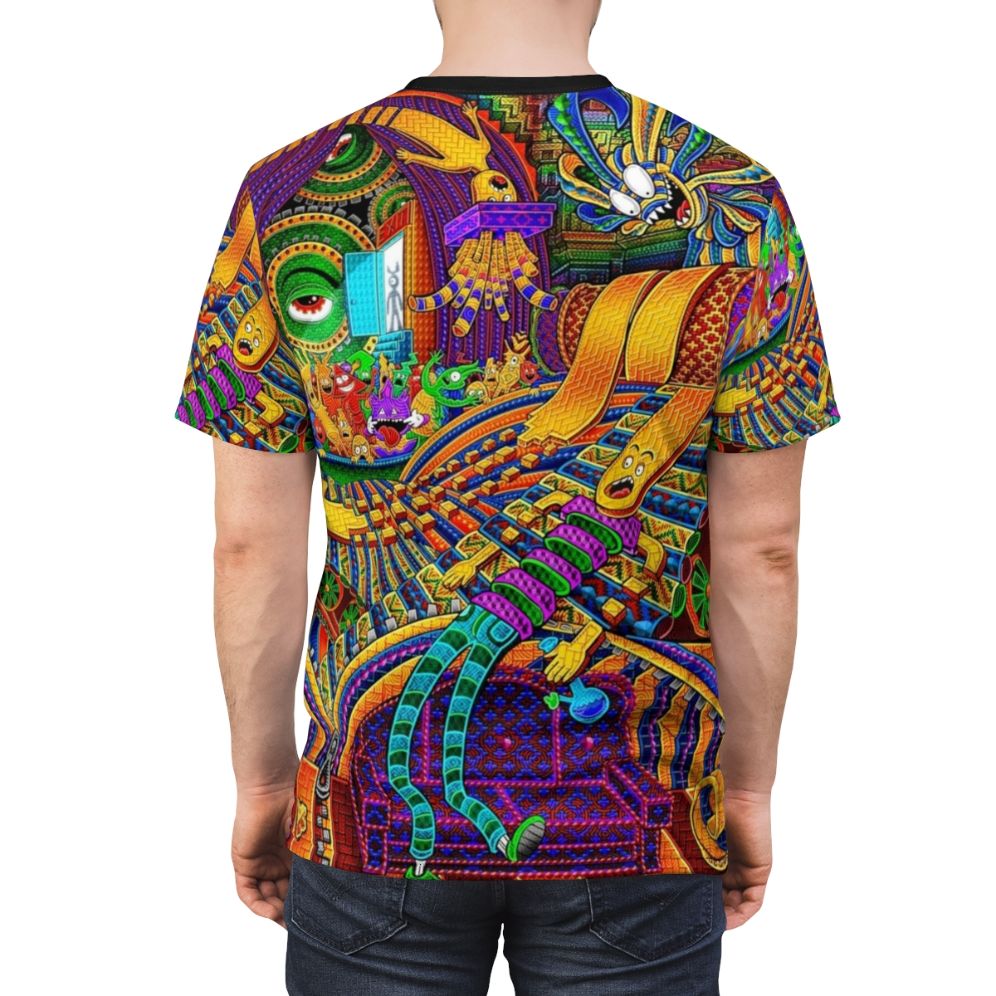 Psychedelic consciousness t-shirt featuring trippy visionary art design - men back