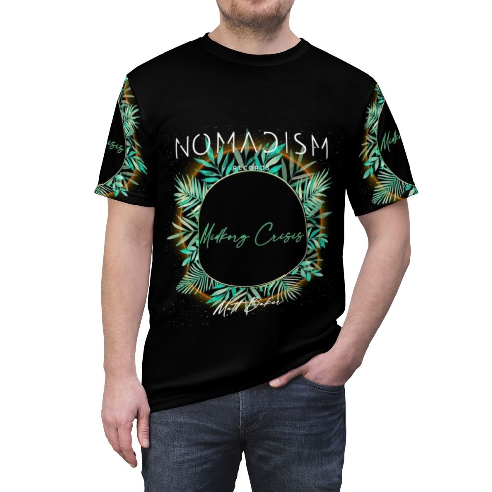 Midkorg Crisis inspired minimalist and organic t-shirt design with geometric patterns and nature elements. - men front