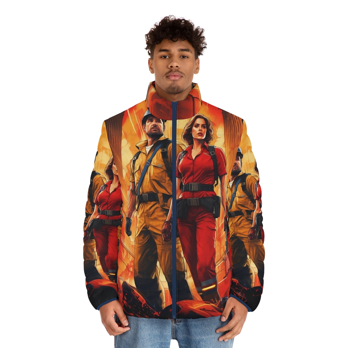 Stranger Things inspired puffer jacket with retro 80s design - men front