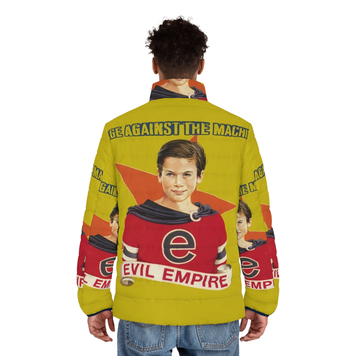 Rage Against the Machine inspired puffer jacket with the Evil Empire album cover design - men back