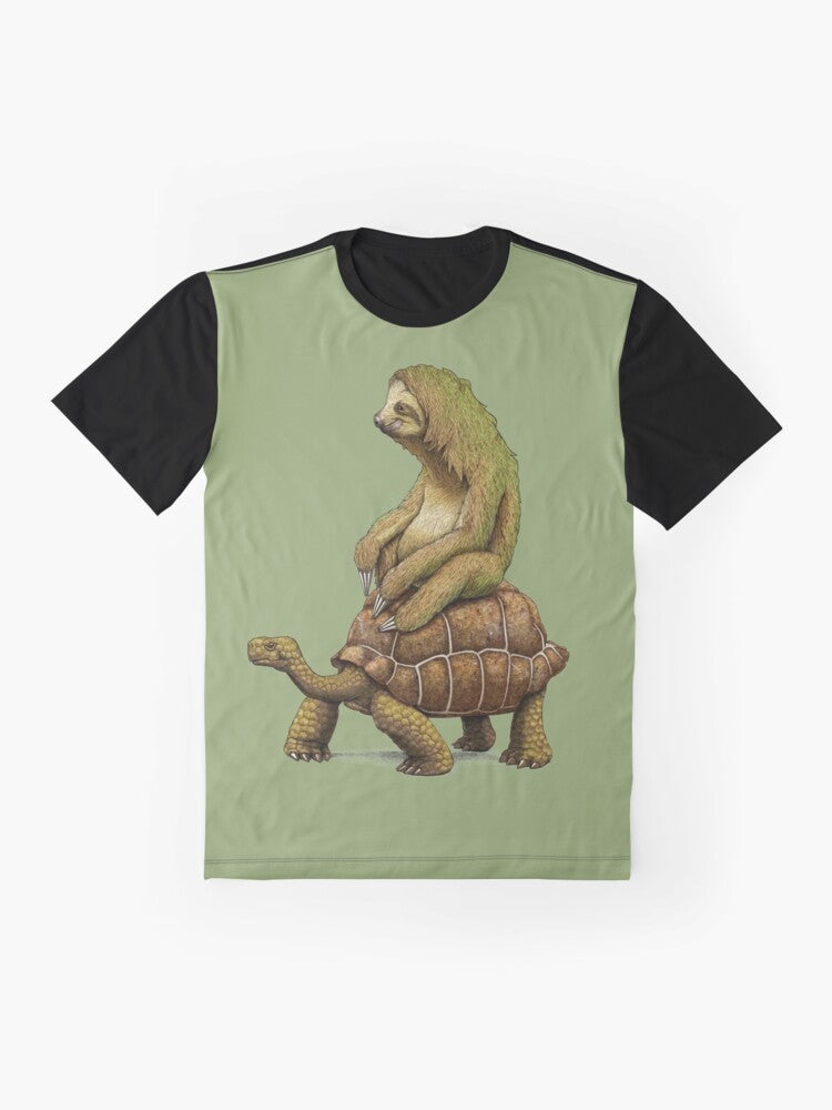 A graphic t-shirt design featuring a sloth riding a turtle, with the text "Speed is Relative". - Flat lay