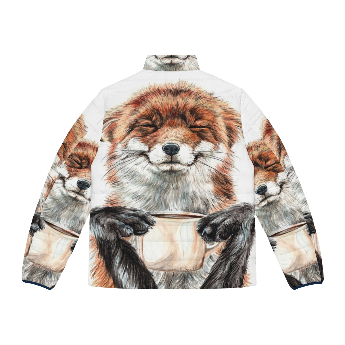 Watercolor illustration of a red fox drinking coffee on a puffer jacket - Back