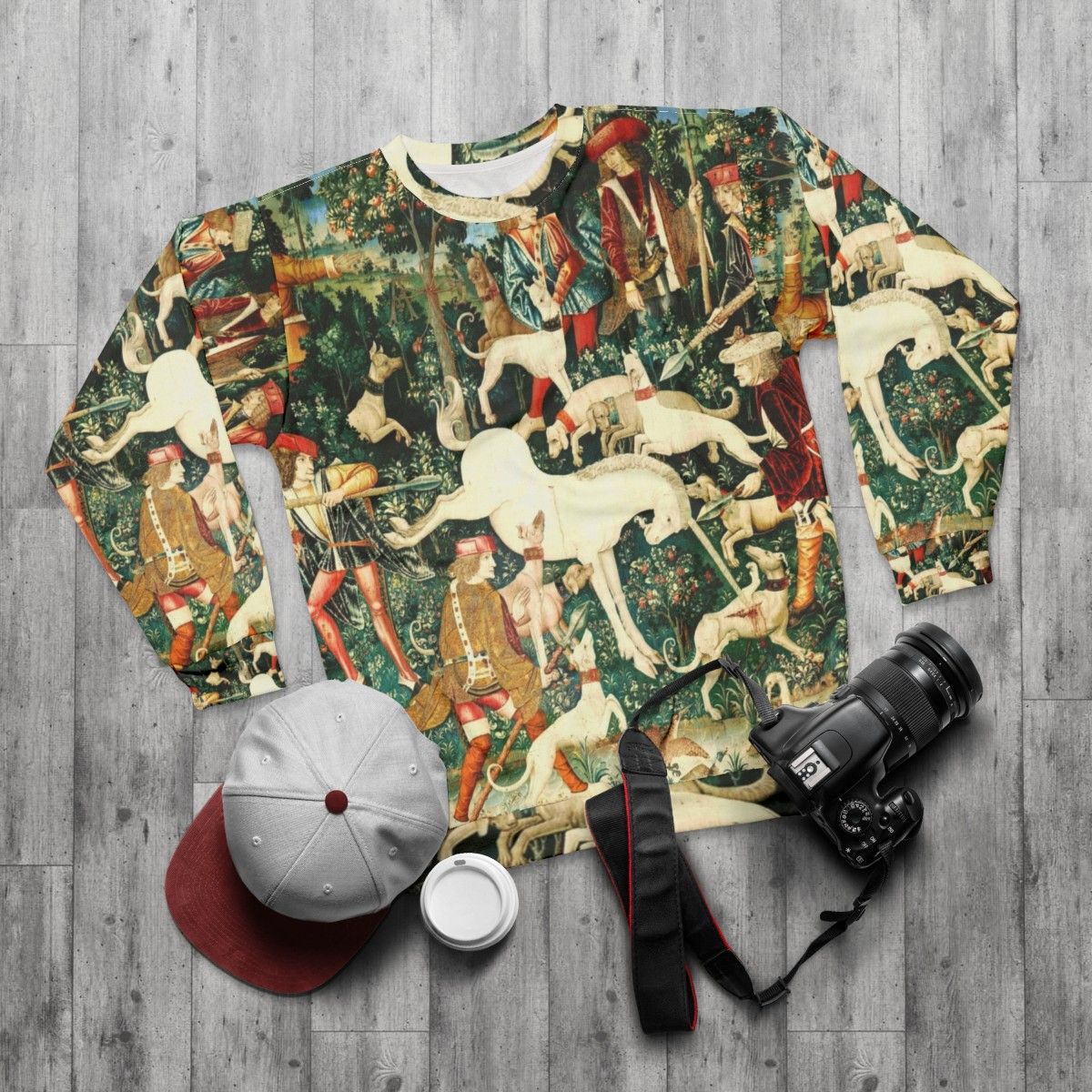 Medieval Unicorn Floral Tapestry Sweatshirt - flat lay