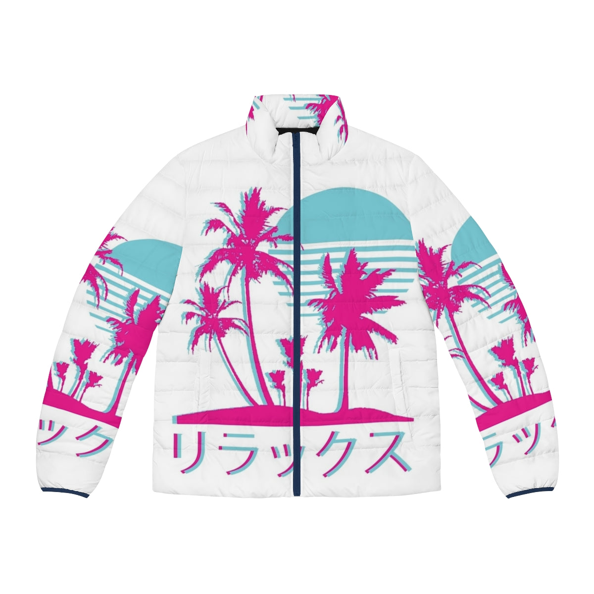 Retro vaporwave puffer jacket with neon palm design