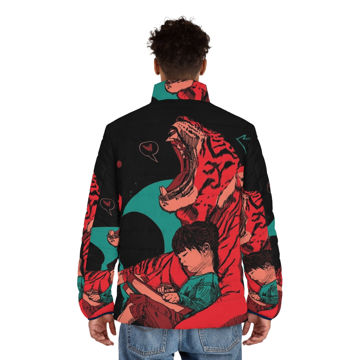 Puffer jacket with tiger and girl graphic in a storybook-inspired fantasy design - men back