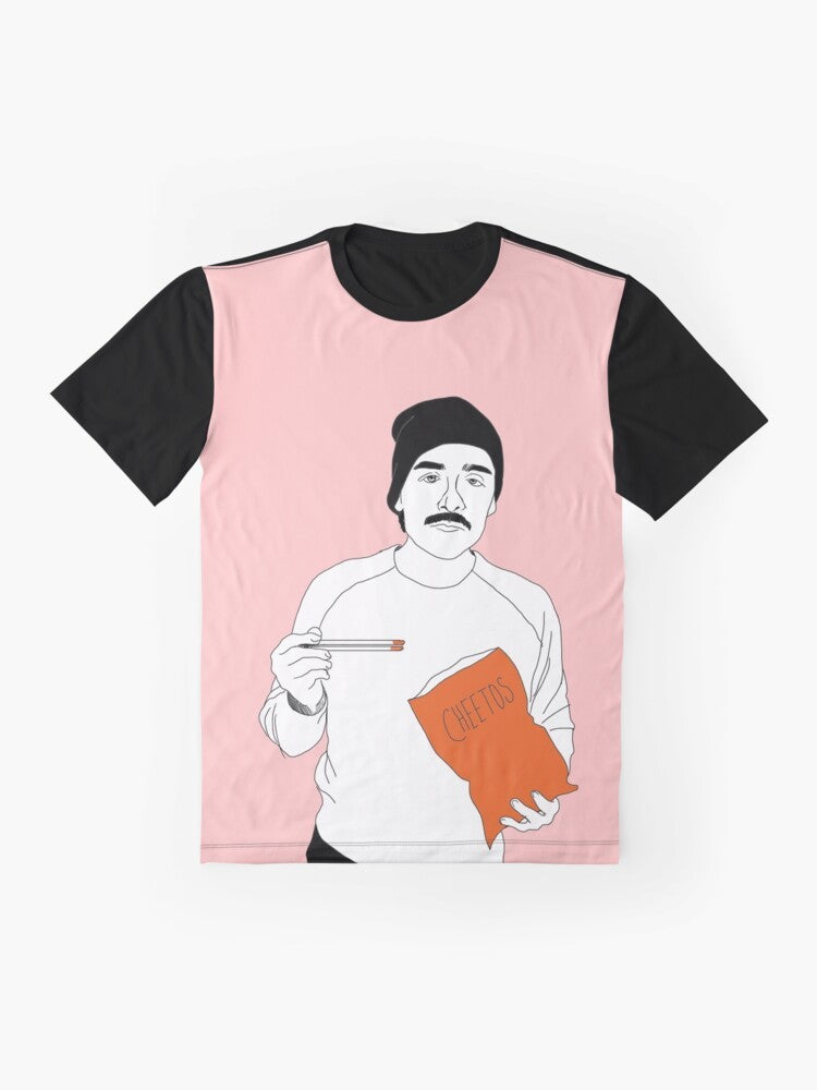 Graphic t-shirt with an image of Oscar Isaac eating Cheetos with chopsticks - Flat lay