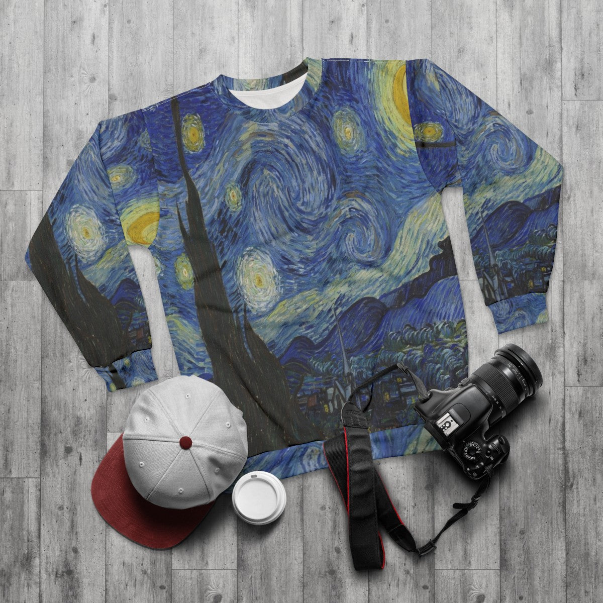 The Starry Night by Vincent Van Gogh Sweatshirt - flat lay