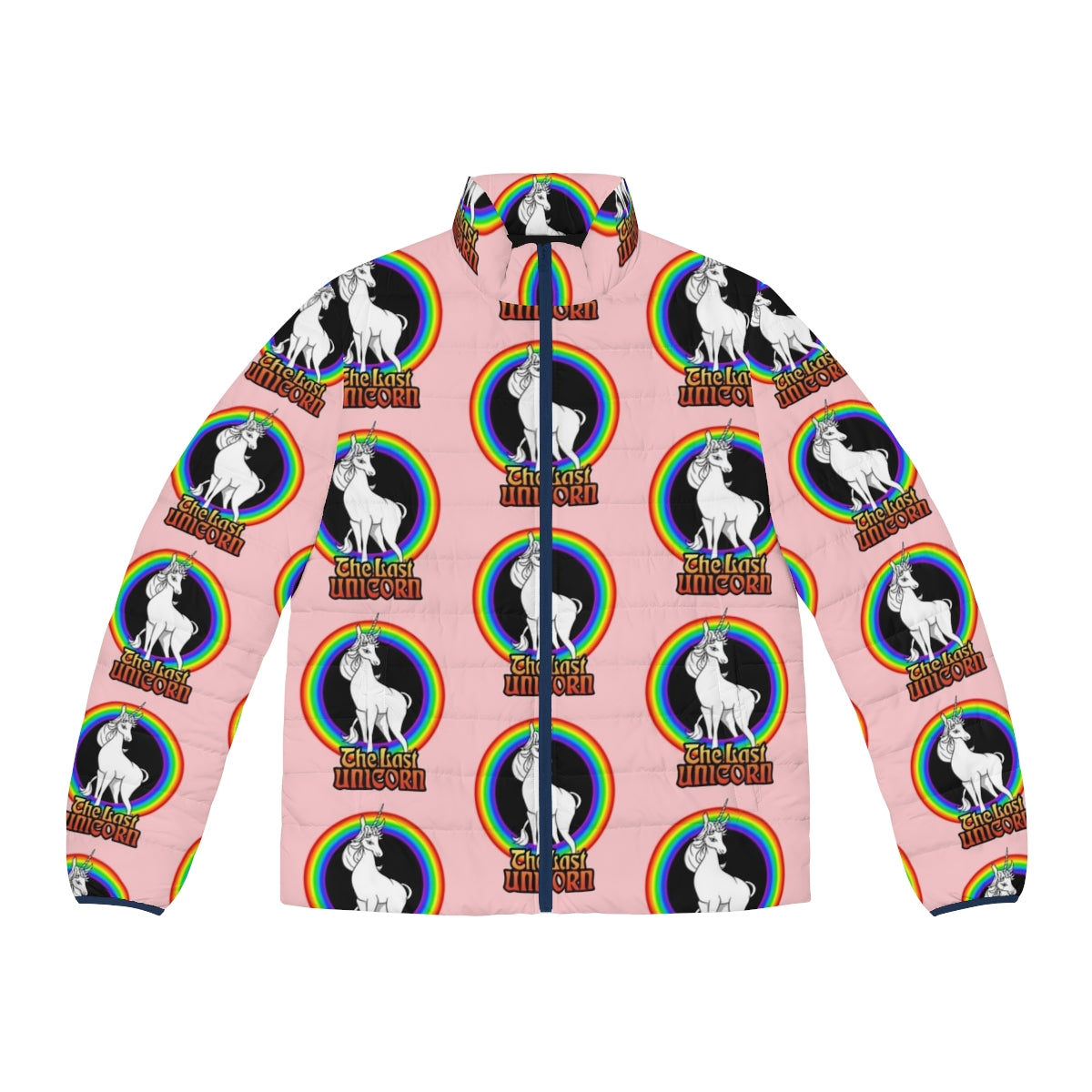 The Last Unicorn Rainbow Puffer Jacket featuring a magical mythical unicorn