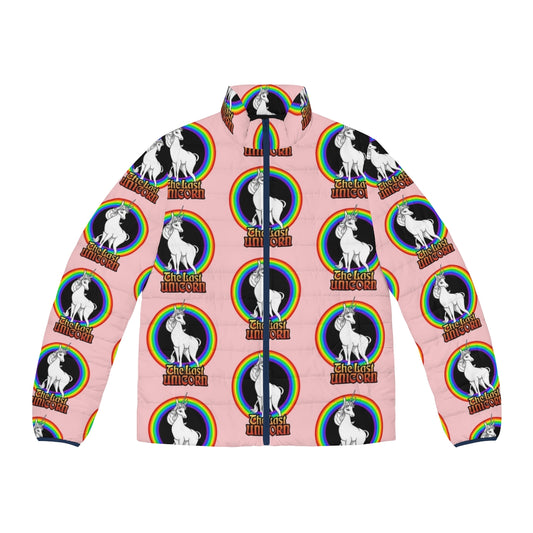 The Last Unicorn Rainbow Puffer Jacket featuring a magical mythical unicorn