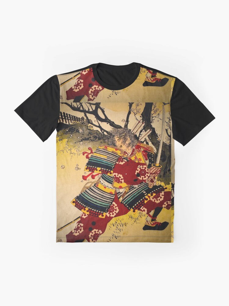 A t-shirt featuring a samurai warrior design in the traditional ukiyo-e Japanese art style. - Flat lay