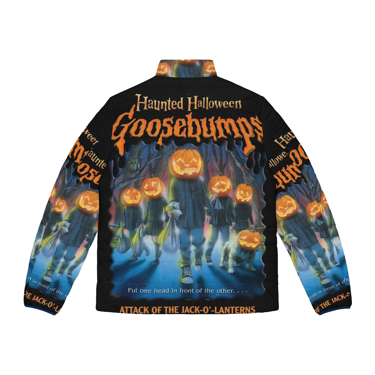 A spooky puffer jacket featuring a jack o' lantern design, perfect for a haunted Halloween costume. - Back