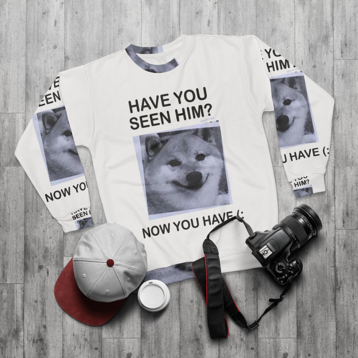 "Have You Seen Him?" Shiba Inu sweatshirt featuring a cute and inspirational dog design - flat lay