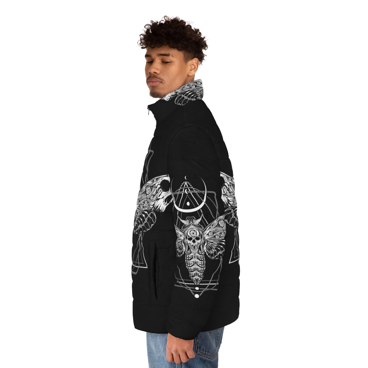 Surreal death moth puffer jacket with Gothic-inspired design and eyeball, skull, and horn details - men side left