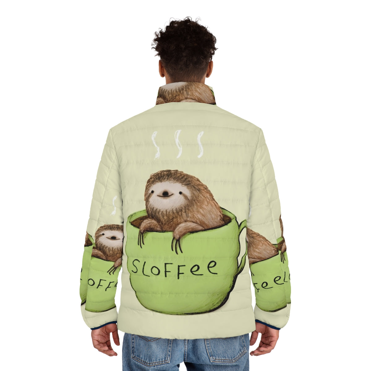 Sloffee Puffer Jacket - A cozy, sloth-themed puffer jacket for the ultimate slowth lover - men back