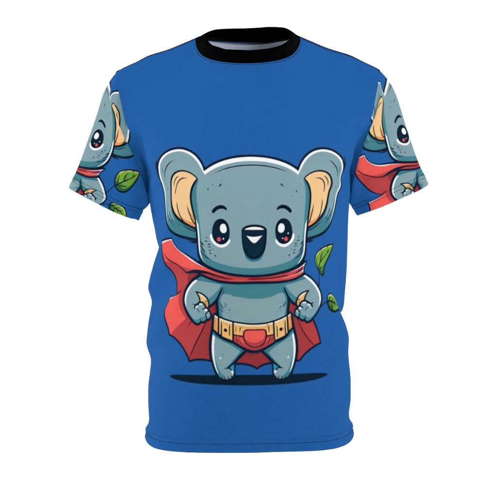 Illustration of a cute, kawaii koala wearing a superhero cape and standing in front of eucalyptus leaves