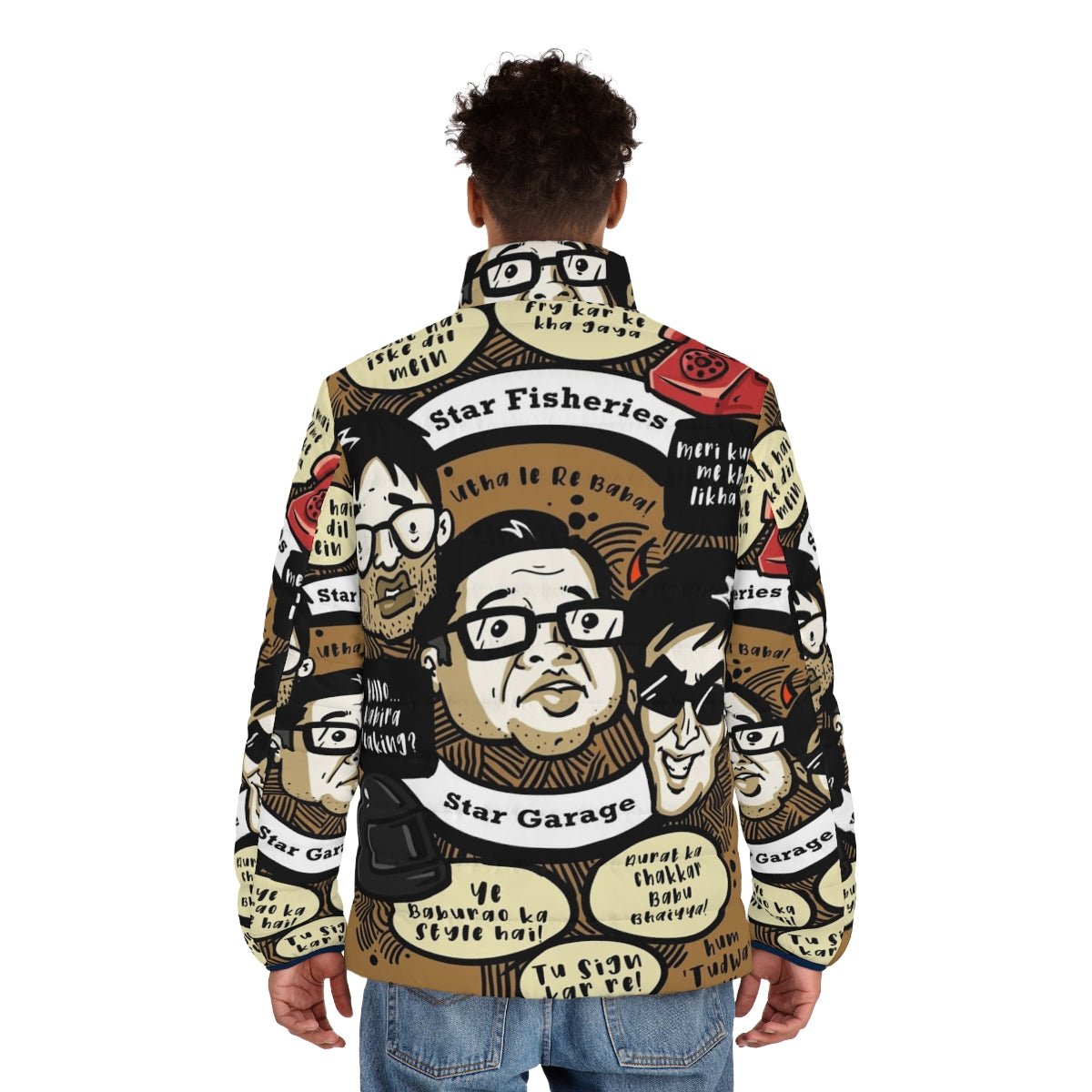 Hera Pheri Inspired Puffer Jacket with Bollywood Characters - men back