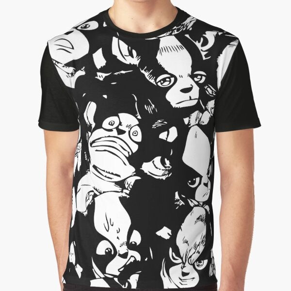 Iggy character from JoJo's Bizarre Adventure anime on a graphic t-shirt