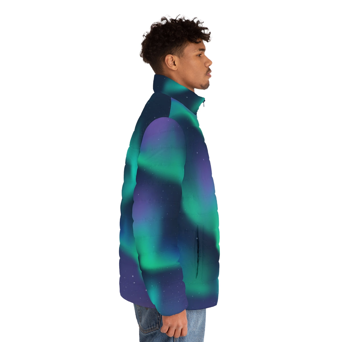 A person wearing a puffer jacket that features the mesmerizing northern lights or aurora borealis in the night sky. - men side right