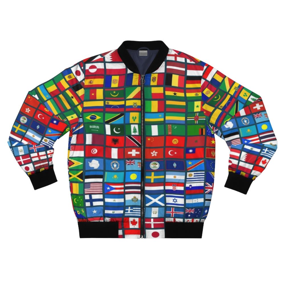 Bomber jacket featuring flags of the world, perfect for geography students and enthusiasts.