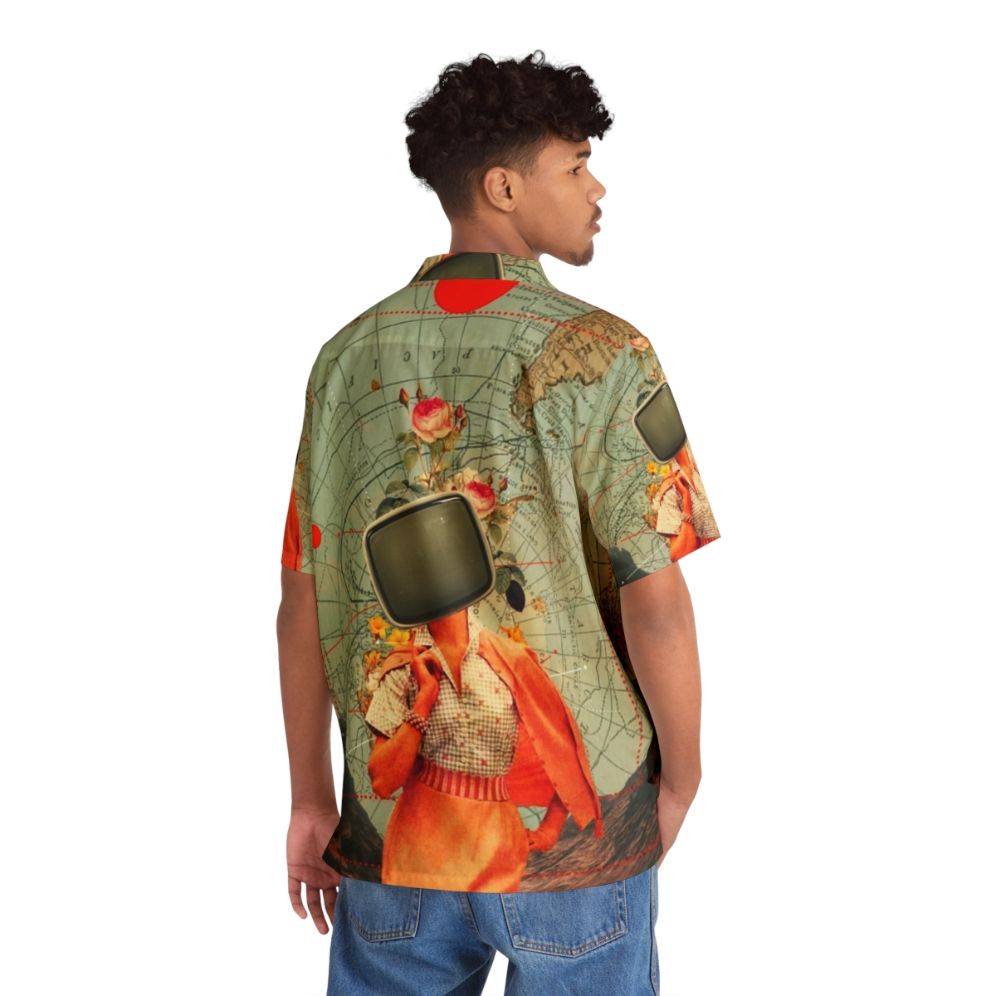 Vintage Hawaiian shirt with a surreal collage design featuring a nature landscape, floral patterns, and retro-inspired graphics. - People Back