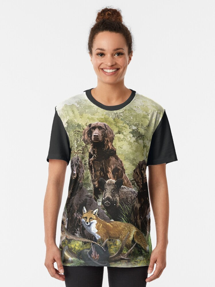 Graphic t-shirt featuring a Wachtelhund (German Spaniel), a versatile hunting dog breed. - Women