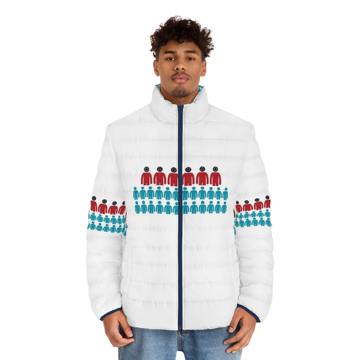 Squid Game Players Short Puffer Jacket, featuring the iconic Squid Game design - men front