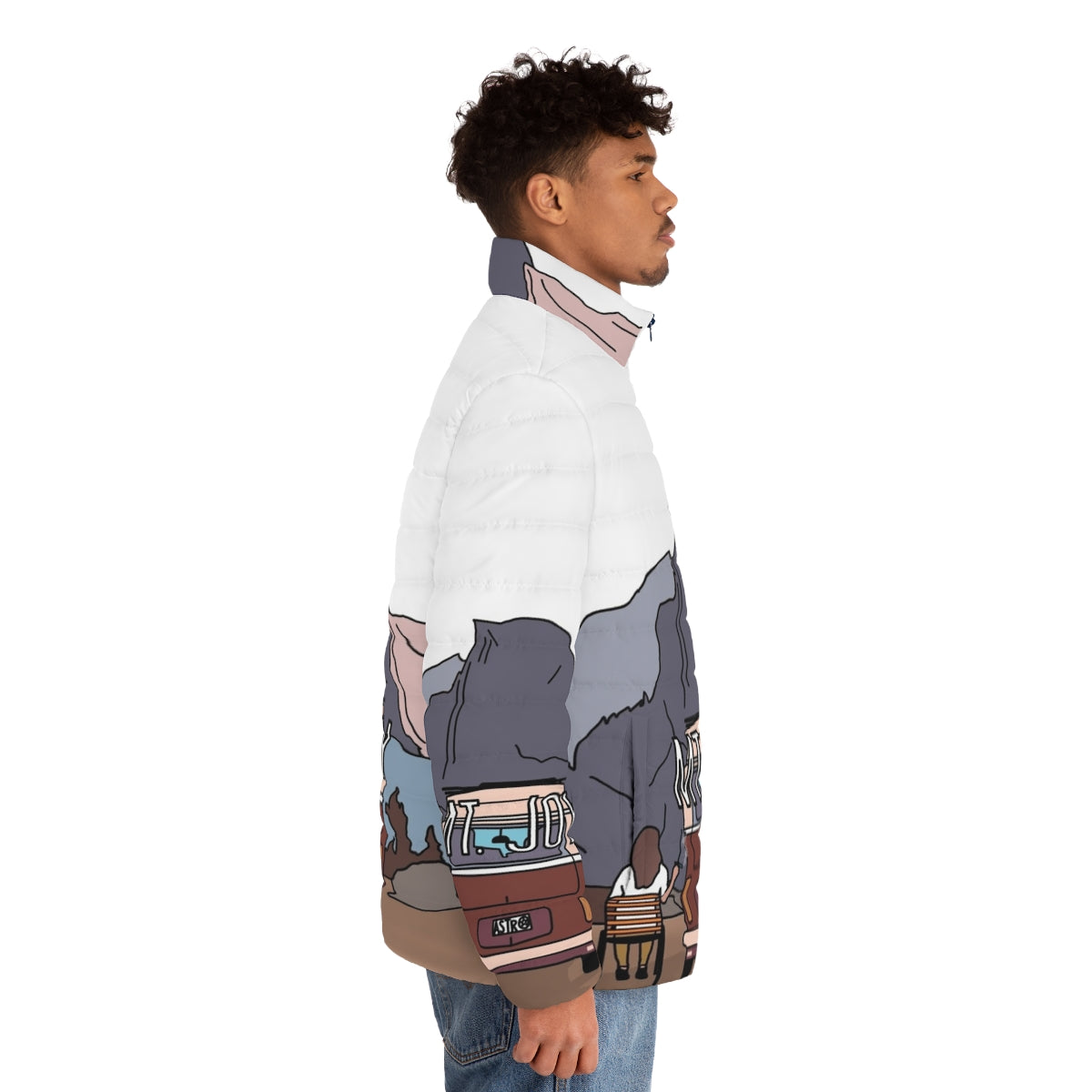 Mt Joy Astrovan Original Digital Artwork Puffer Jacket featuring mountains and indie folk music inspired design - men side right