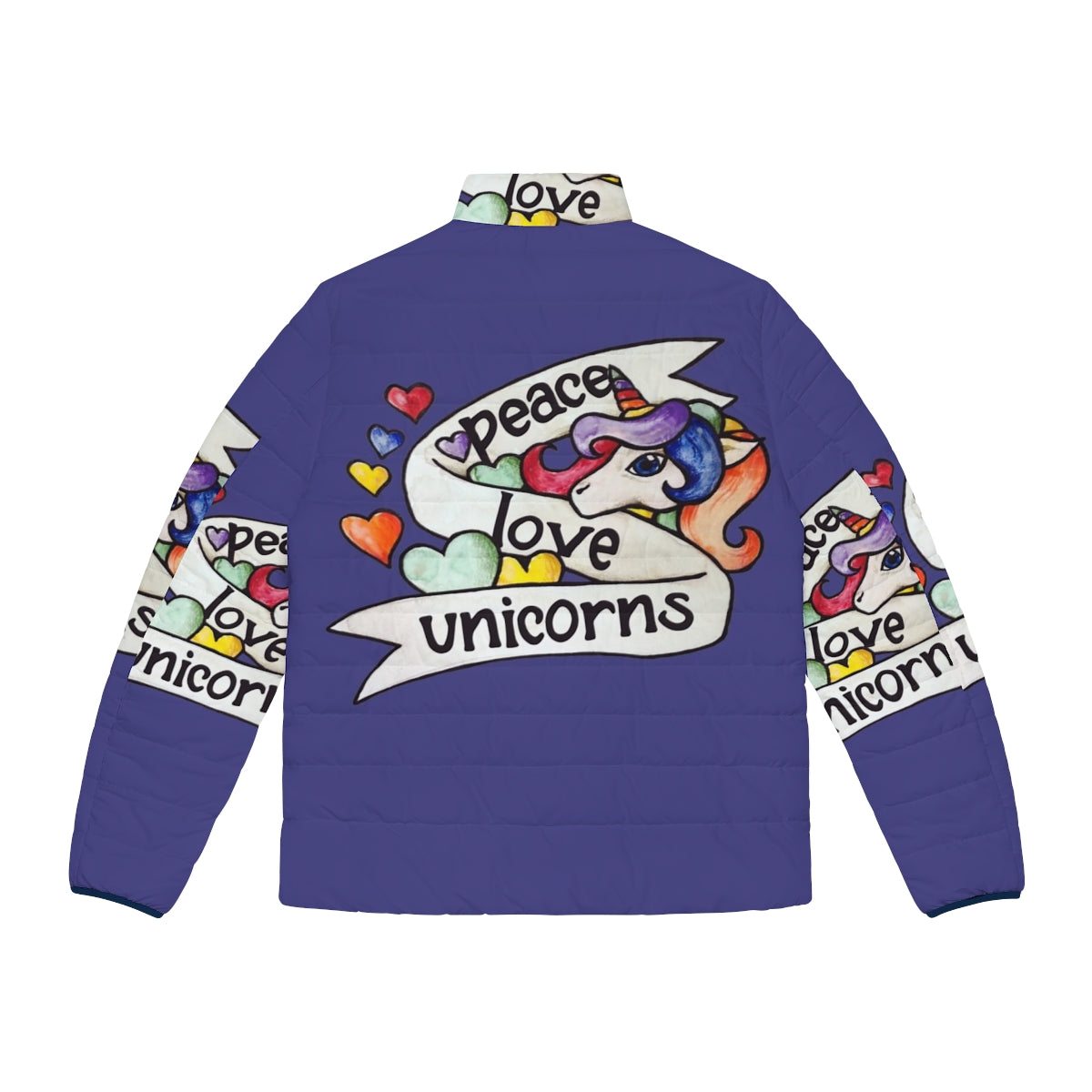 Retro unicorn puffer jacket in a vibrant rainbow design - Back