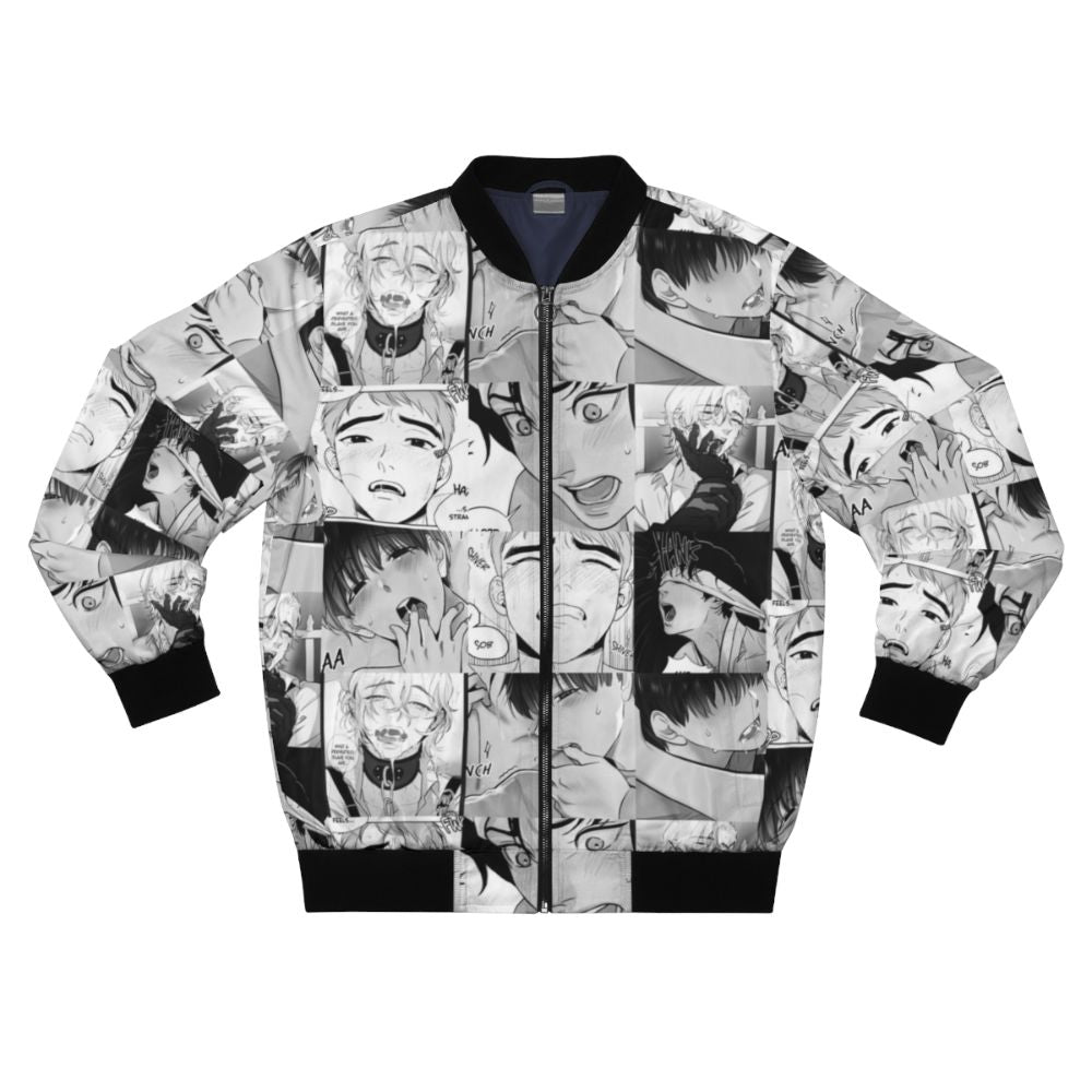 A bomber jacket featuring an anime-inspired yaoi design with two boys in a romantic embrace.