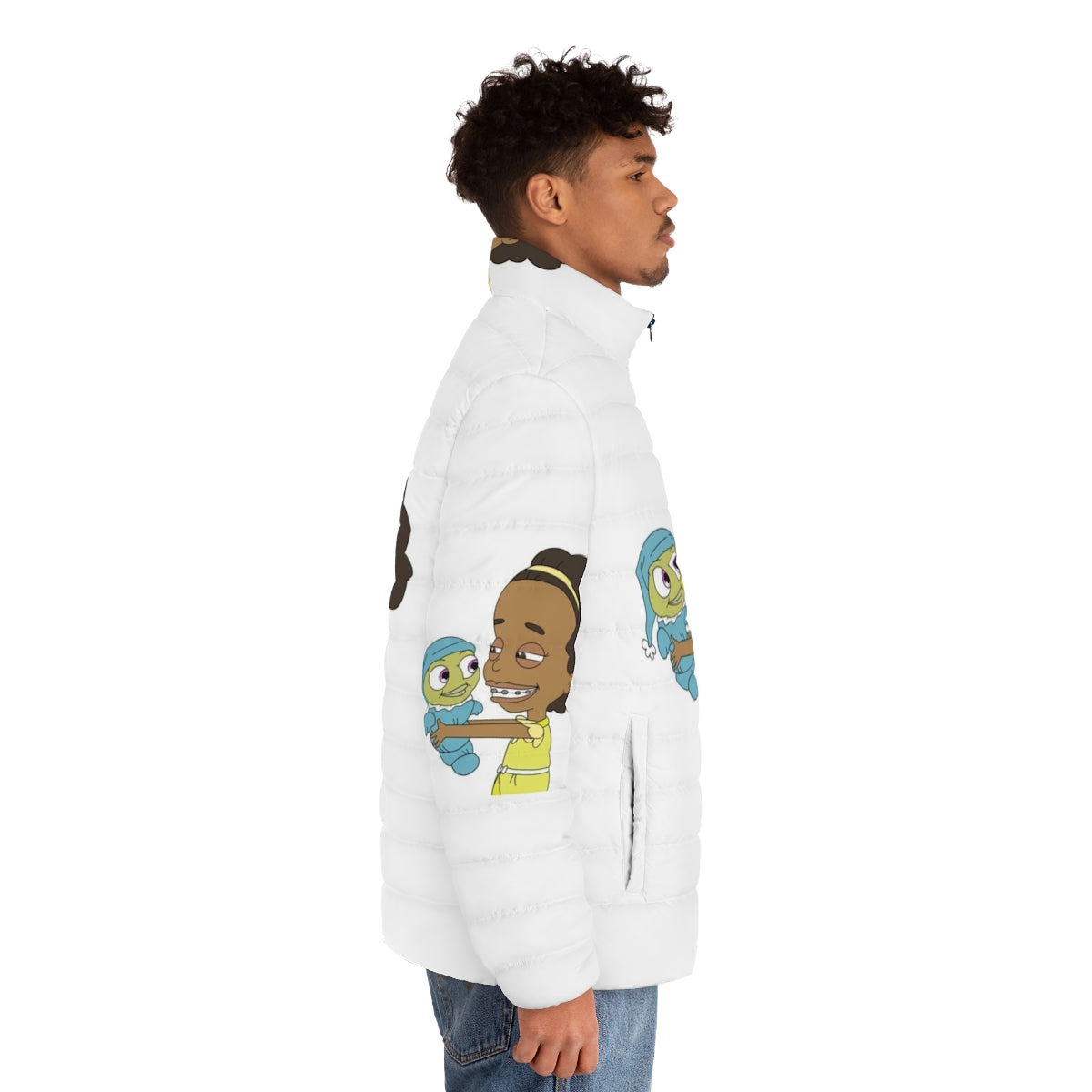 Big Mouth Puffer Jacket featuring the characters Missy and Mr Wiggles from the Netflix series Big Mouth - men side right