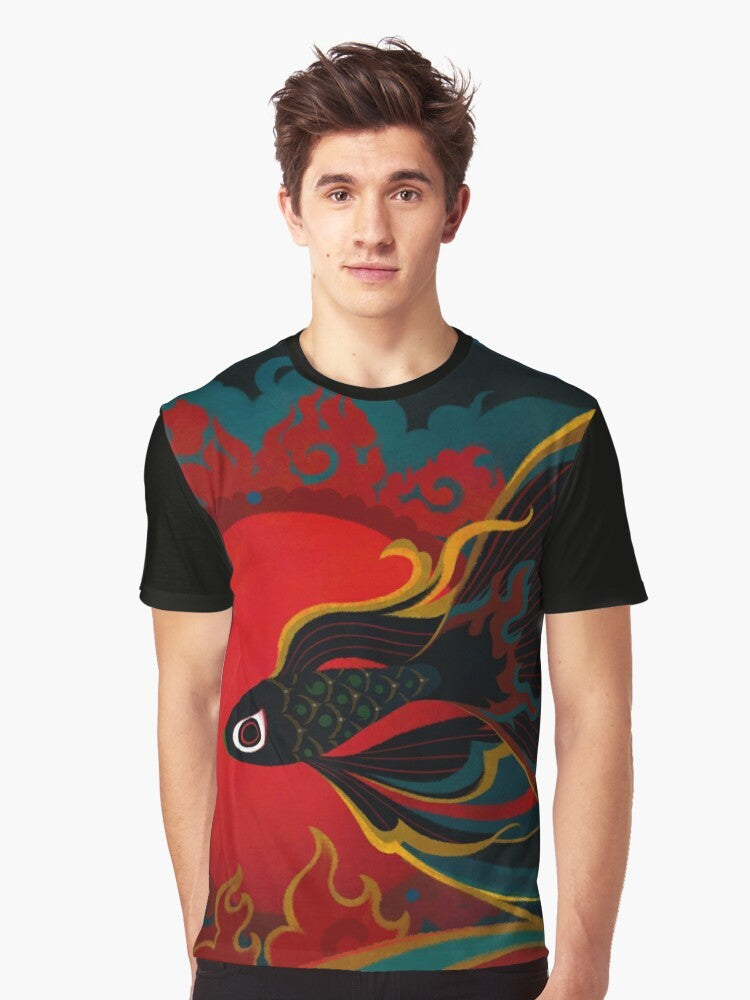 A graphic t-shirt featuring a fiery, oriental-inspired fish creature. - Men