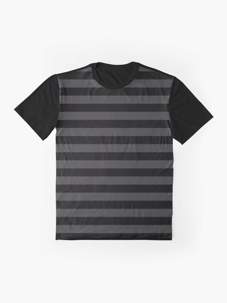 Black and grey striped graphic t-shirt with horizontal medium stripes - Flat lay