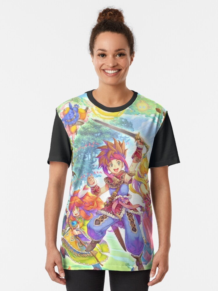 Secret of Mana retro RPG video game graphic t-shirt design featuring magic, mage, and warrior characters - Women