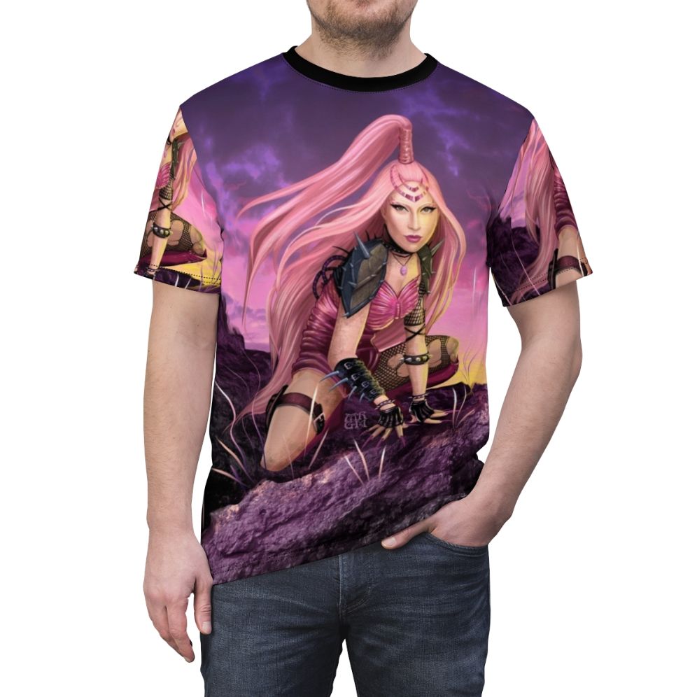 Unisex t-shirt with a vibrant pink warrior design, inspired by fantasy art and pop music - men front