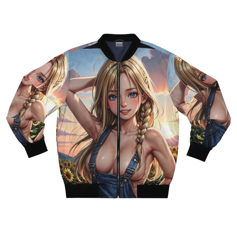 Anime Pinup Girl Suki Tanaka Bomber Jacket with Sunflower Design