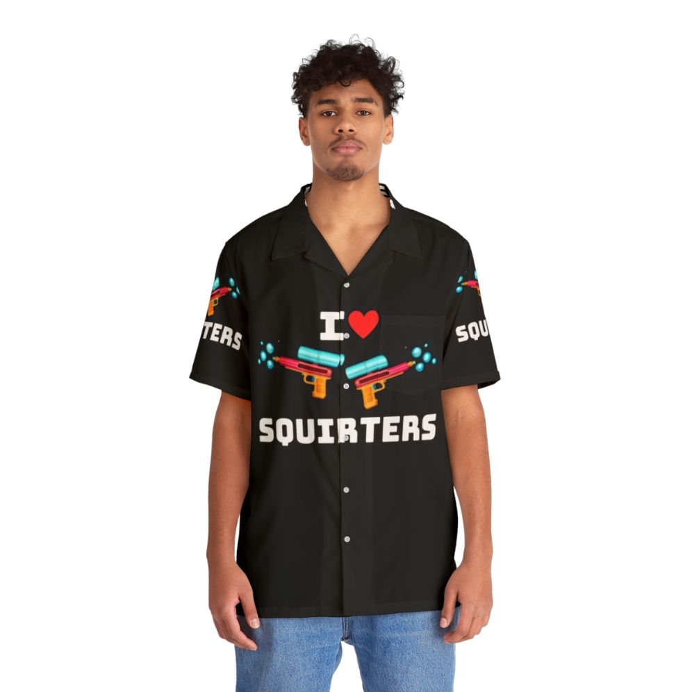 Colorful Hawaiian shirt with a quirky 'I Love Squirters' design featuring a playful squirrel - People Front