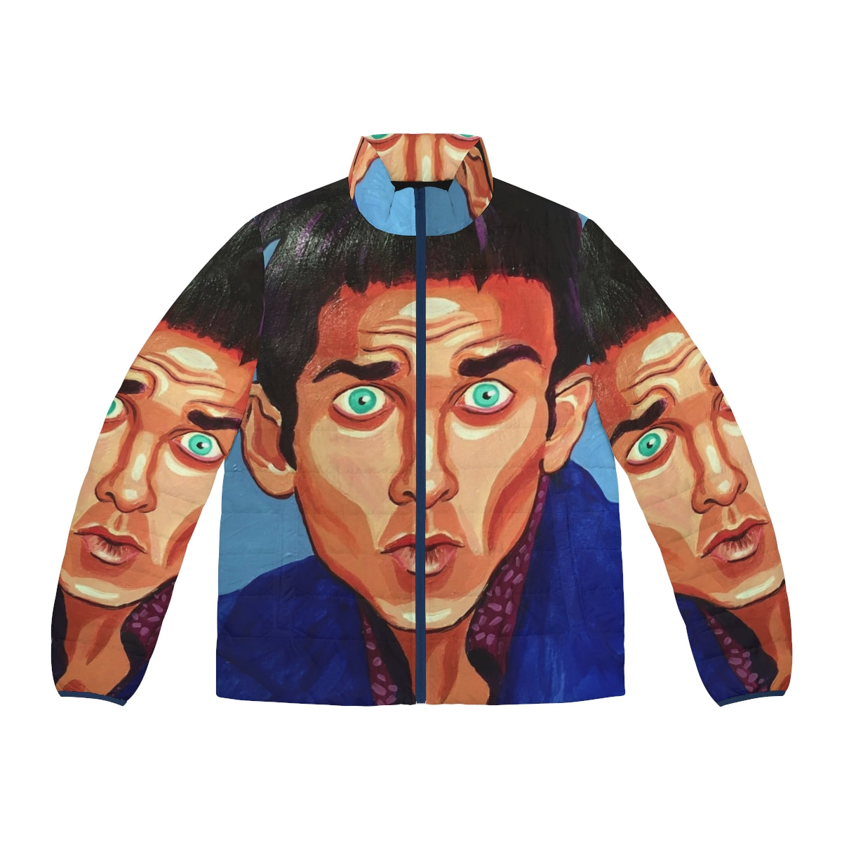 Zoolander Blue Steel Puffer Jacket featuring a portrait of Derek Zoolander