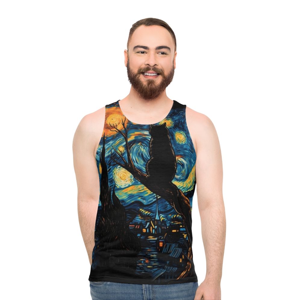 Unisex tank top featuring Van Gogh's Starry Night with a black cat - men